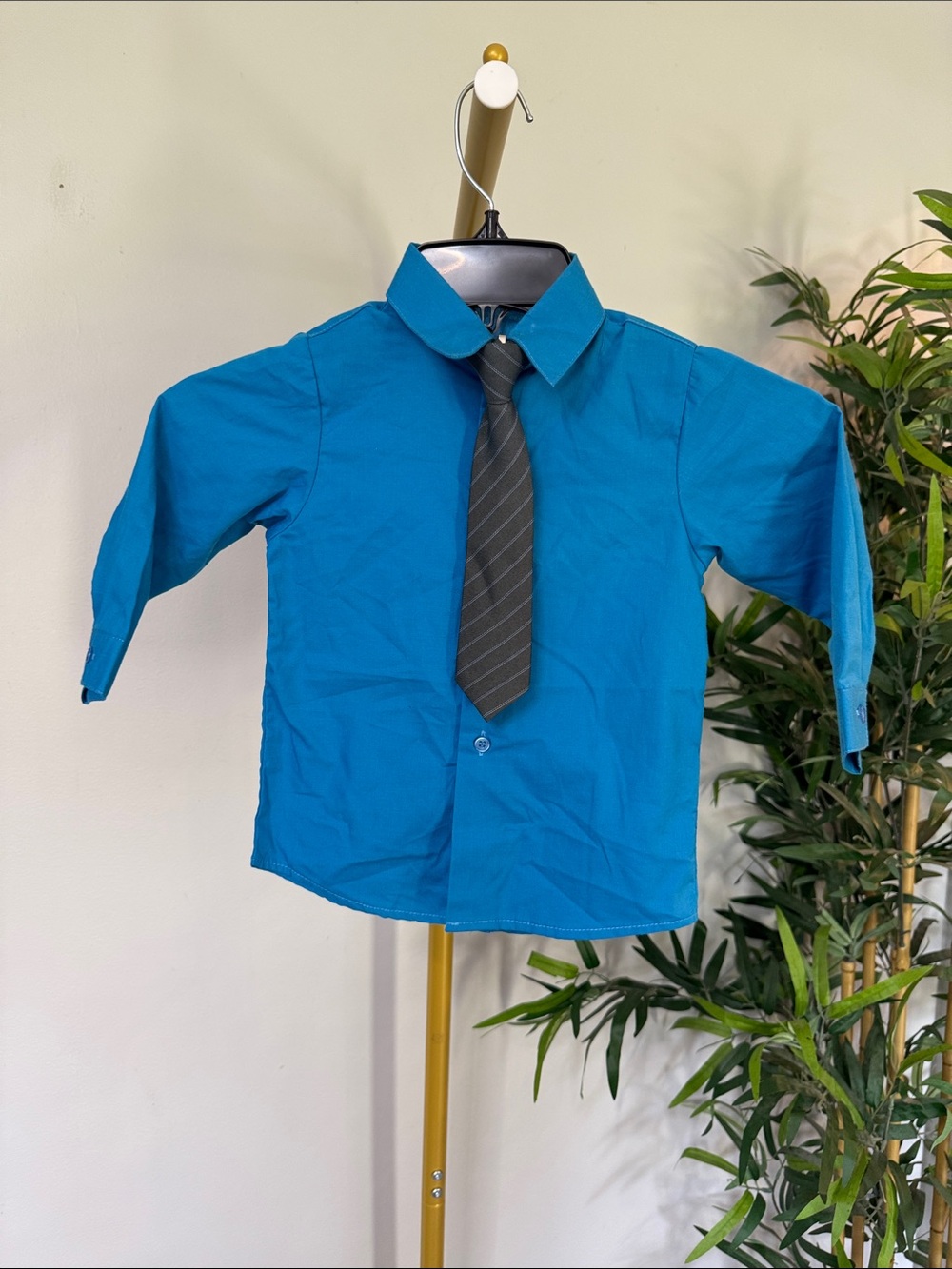 Andrew Fezza Boys Teal Dress Shirt with Gray Striped Tie